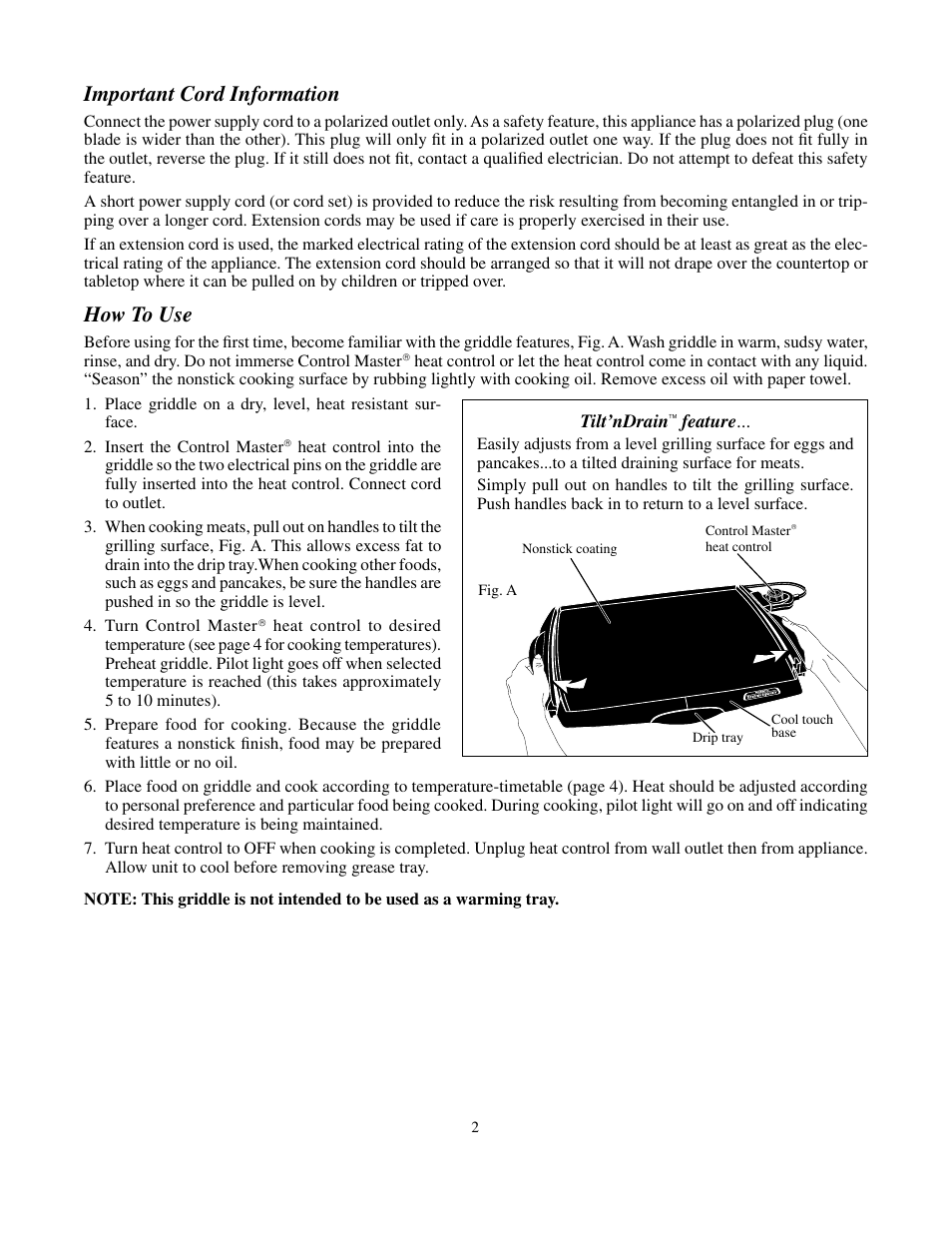 Important cord information, How to use | Presto BigGriddle cooltouchgriddle User Manual | Page 2 / 4