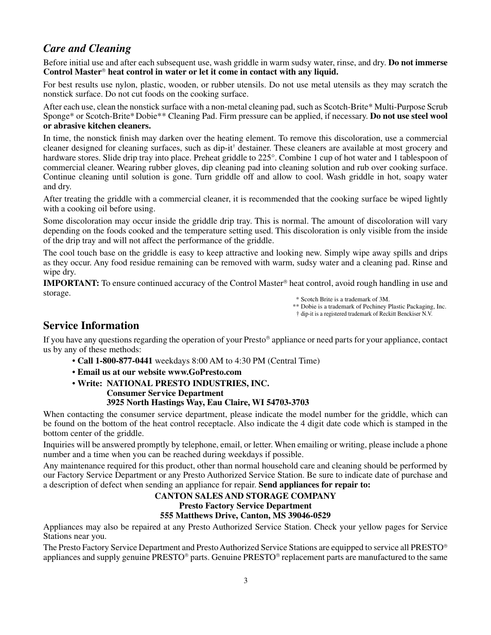 Care and cleaning, Service information | Presto BigGriddle cooltouchgriddle User Manual | Page 3 / 4