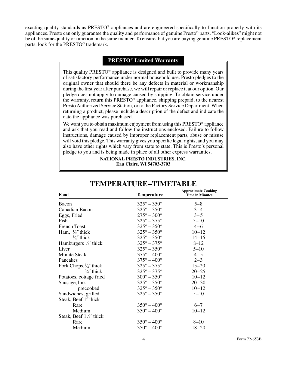 Temperature–timetable | Presto BigGriddle cooltouchgriddle User Manual | Page 4 / 4