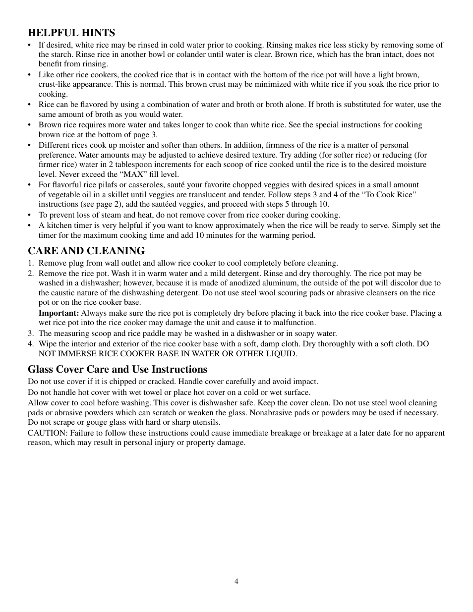 Helpful hints, Care and cleaning, Glass cover care and use instructions | Presto 5810 User Manual | Page 4 / 5