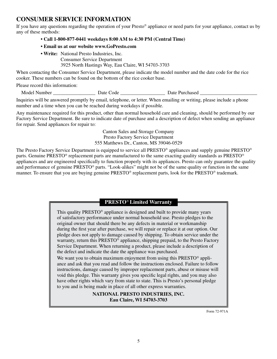 Consumer service information | Presto 5810 User Manual | Page 5 / 5