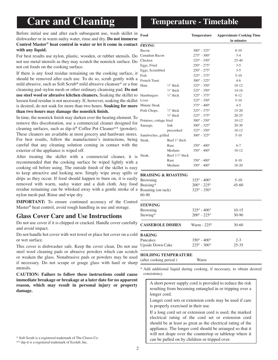 Care and cleaning, Temperature - timetable, Glass cover care and use instructions | Presto Fryer User Manual | Page 2 / 3