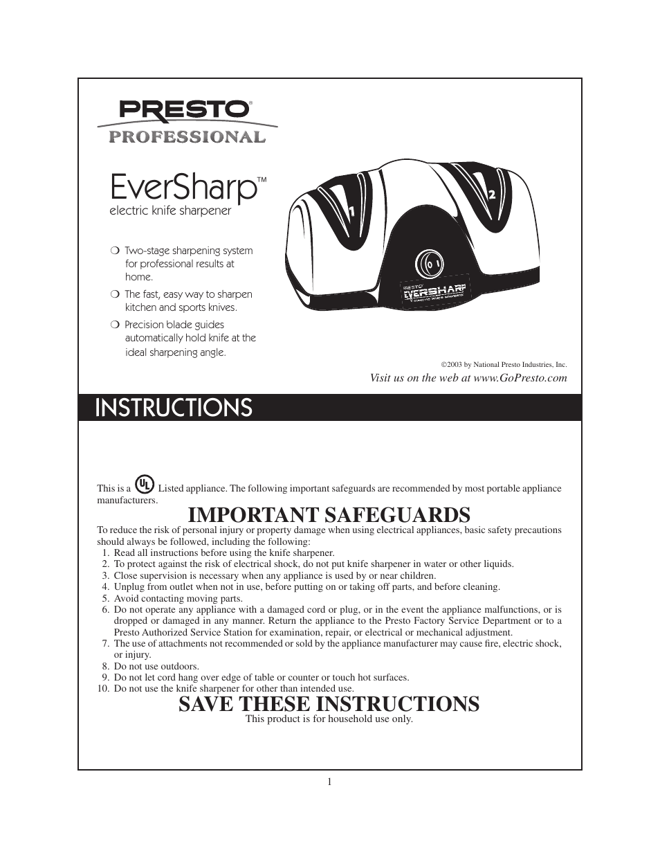 Presto Knife Sharpener User Manual | 4 pages