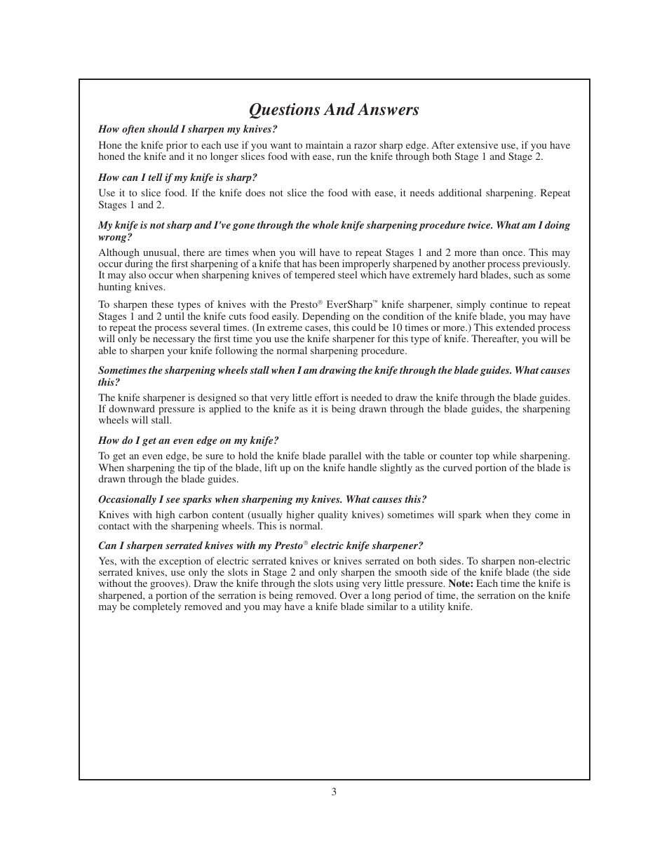 Questions and answers | Presto Knife Sharpener User Manual | Page 3 / 4