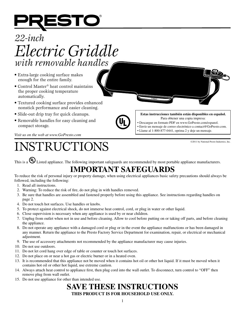 Presto Griddle User Manual | 5 pages