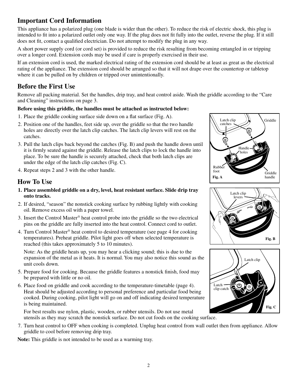 Important cord information, Before the first use, How to use | Presto Griddle User Manual | Page 2 / 5