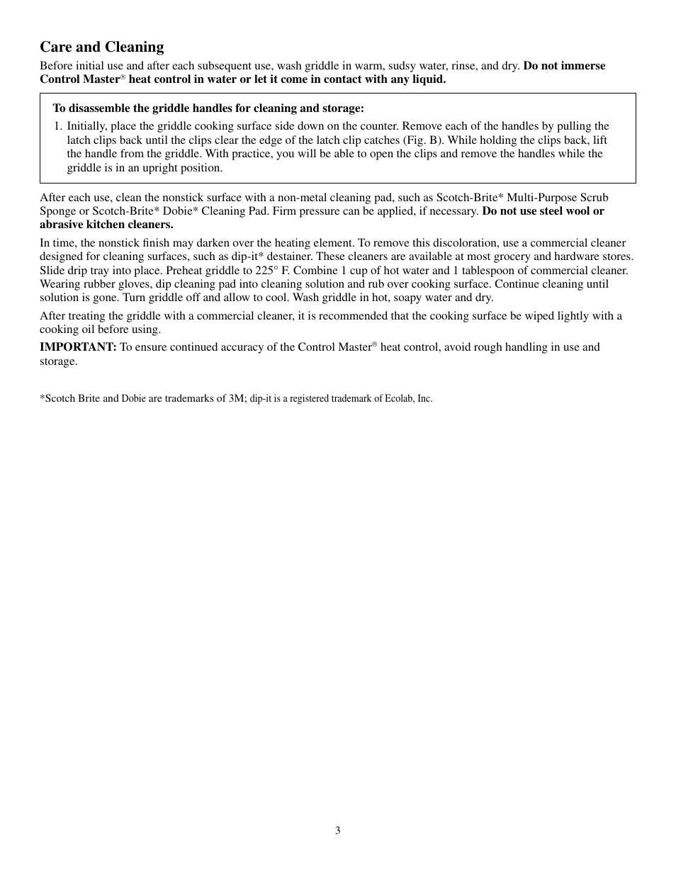 Care and cleaning | Presto Griddle User Manual | Page 3 / 5