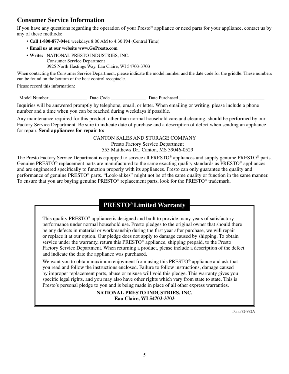 Consumer service information, Presto, Limited warranty | Presto Griddle User Manual | Page 5 / 5
