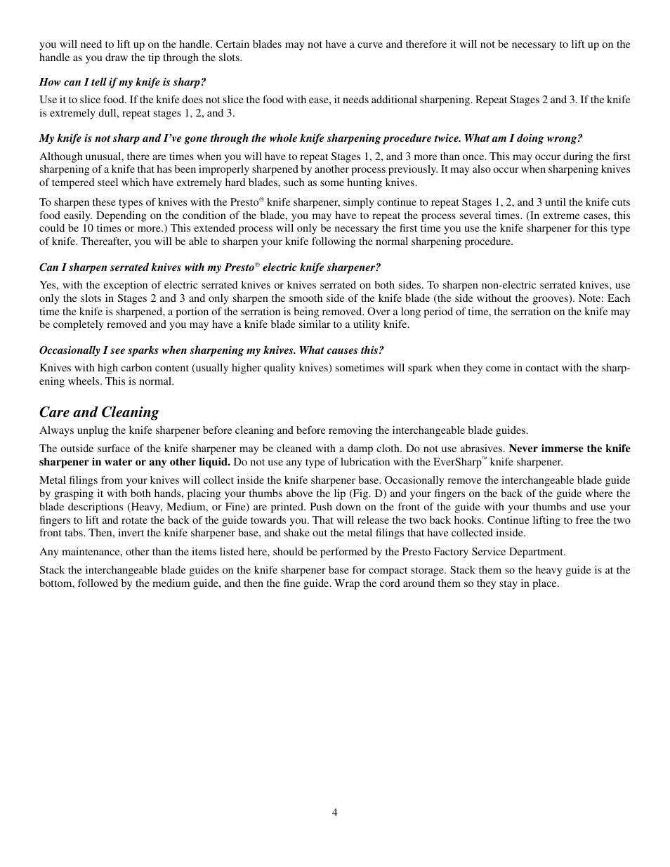 Care and cleaning | Presto Electric Knife Sharpener User Manual | Page 4 / 5