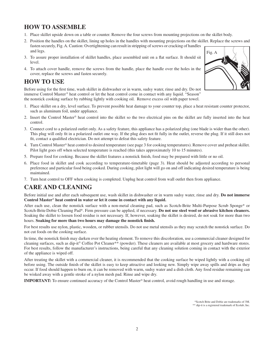 How to assemble, How to use, Care and cleaning | Presto Electric Skille User Manual | Page 2 / 4