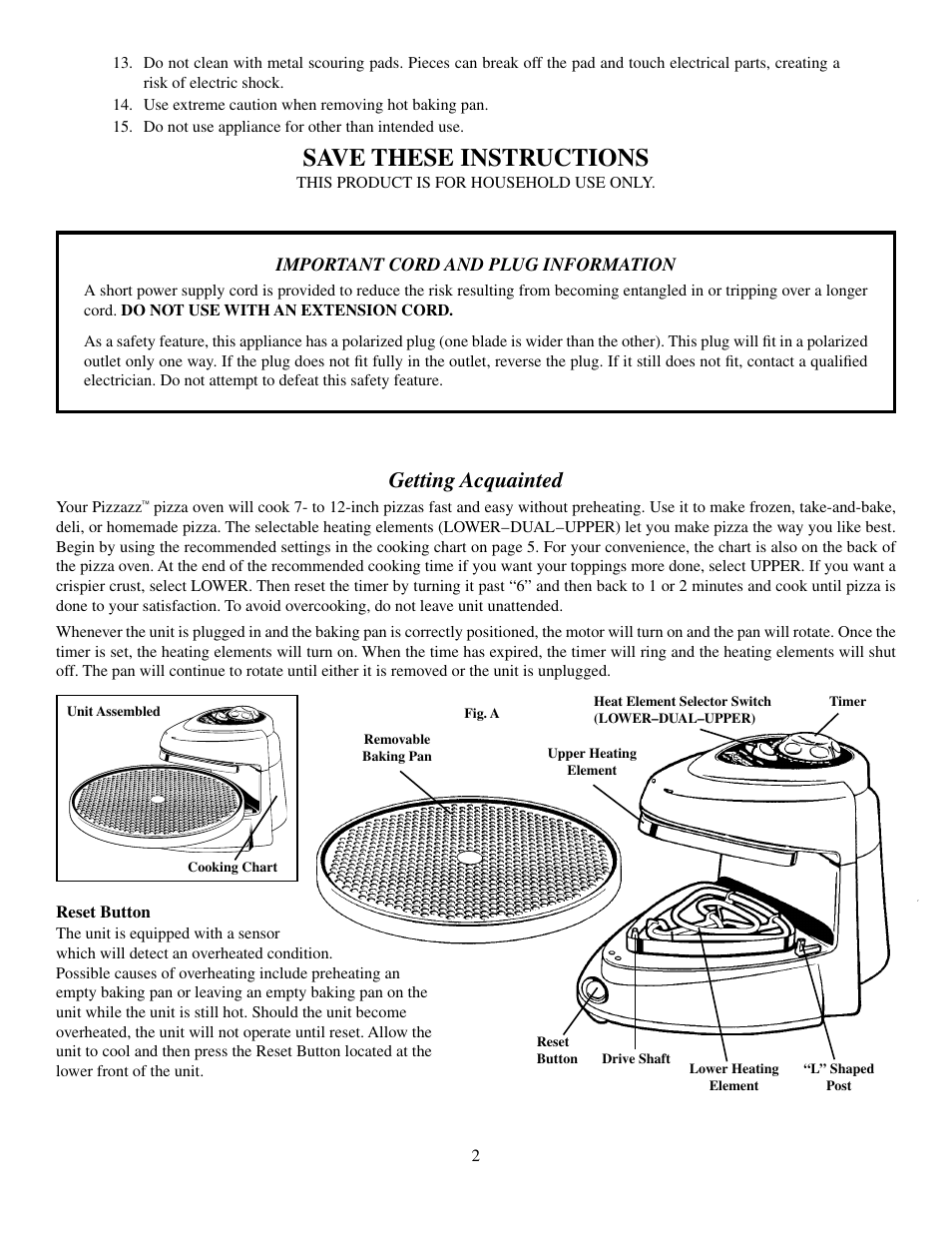 Save these instructions, Getting acquainted | Presto Pizzazz Oven User Manual | Page 2 / 6