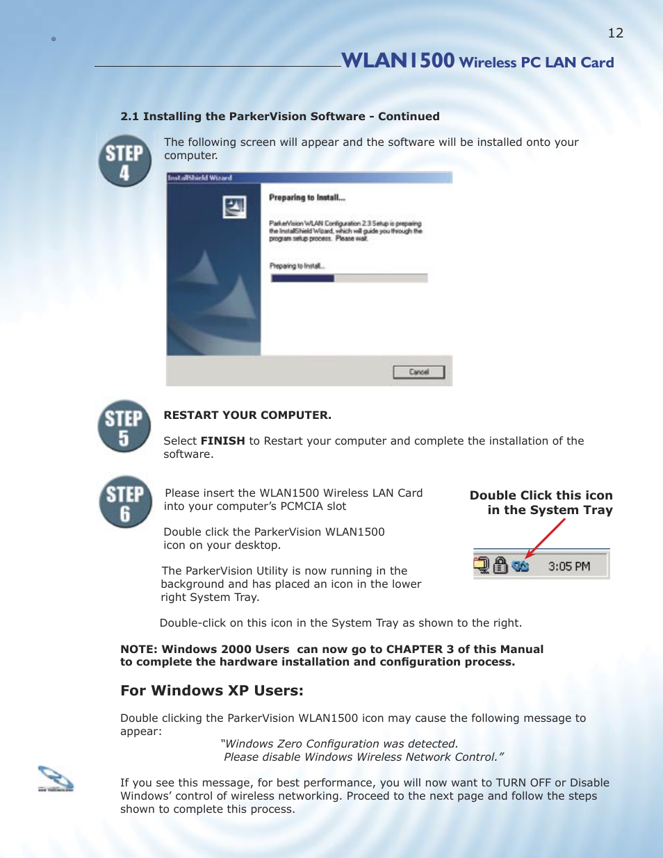 Wlan1500, Wireless pc lan card, F wi d xp u e | ParkerVision WLAN1500 User Manual | Page 10 / 34