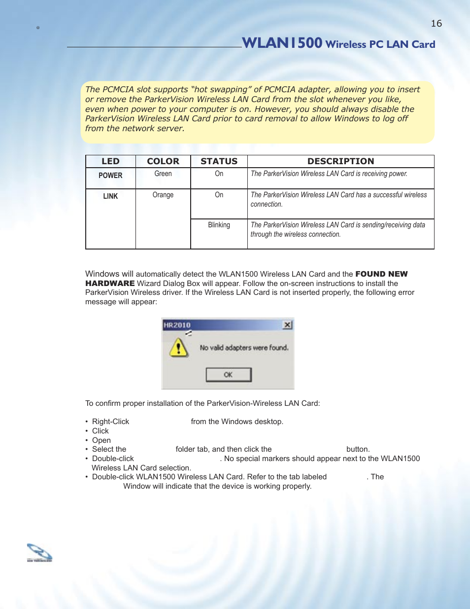 Wlan1500, Wireless pc lan card | ParkerVision WLAN1500 User Manual | Page 14 / 34