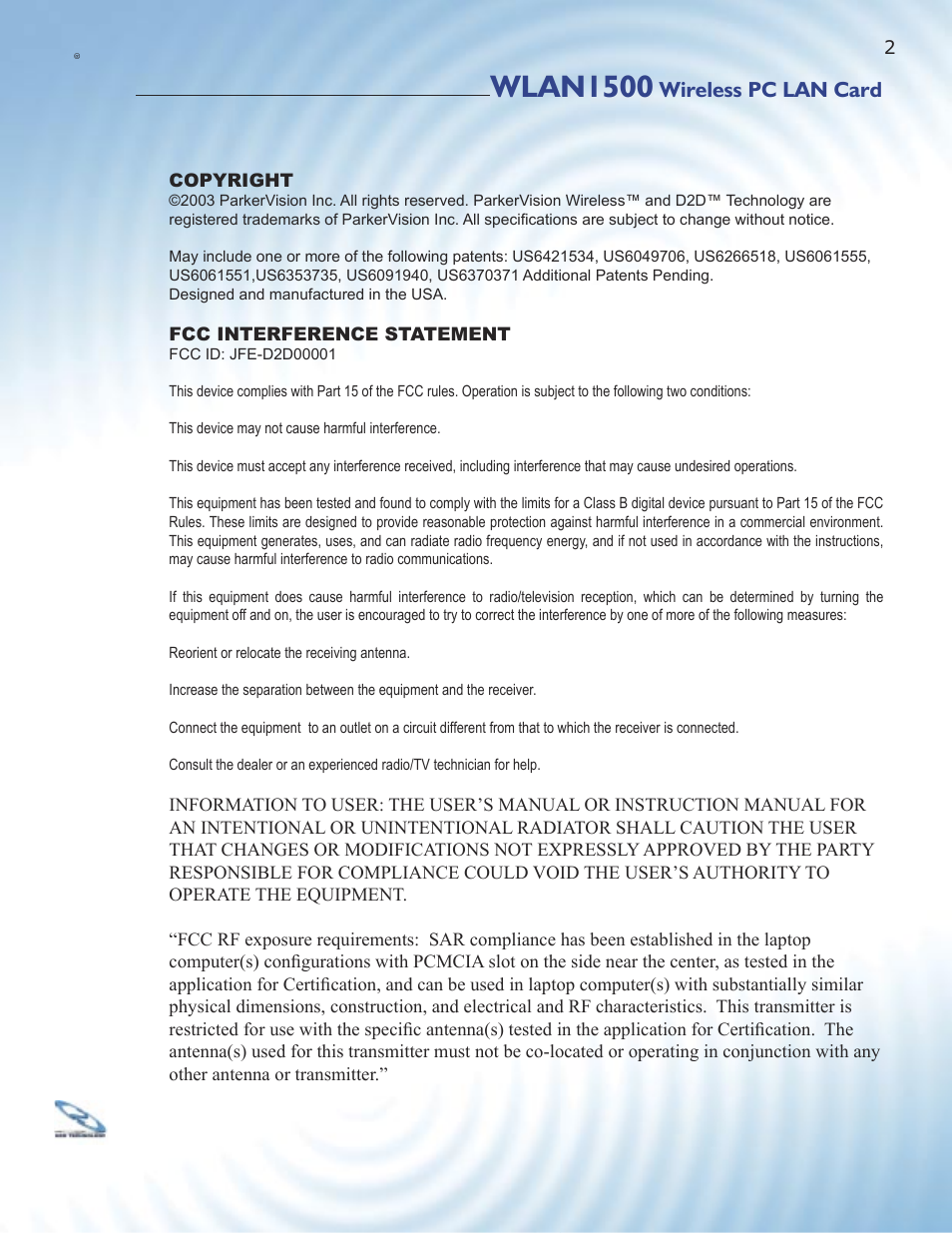 Wlan1500, Wireless pc lan card | ParkerVision WLAN1500 User Manual | Page 2 / 34