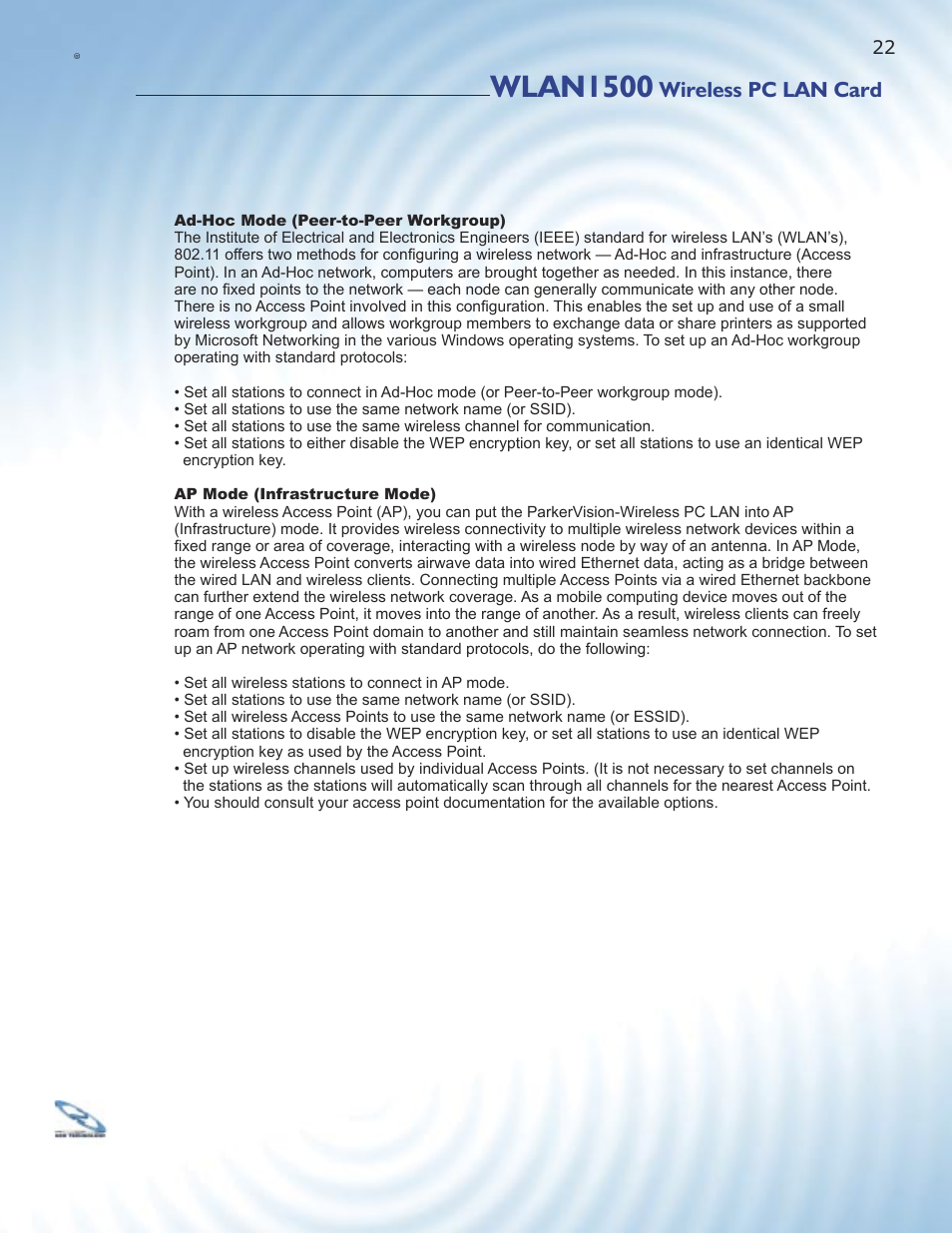 Wlan1500, Wireless pc lan card | ParkerVision WLAN1500 User Manual | Page 20 / 34