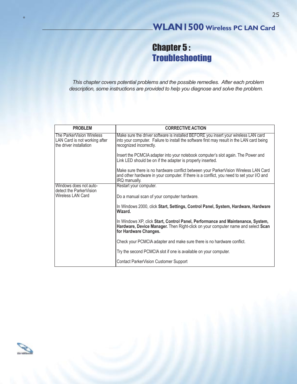 Wlan1500, Chapter 5 : troubleshooting, Wireless pc lan card | ParkerVision WLAN1500 User Manual | Page 23 / 34