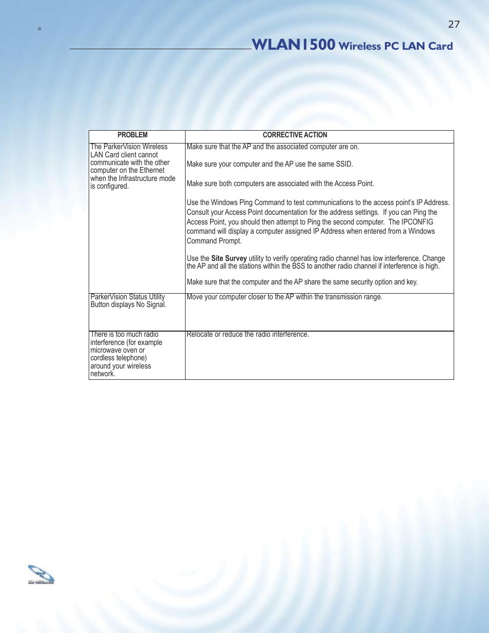 Wlan1500, Wireless pc lan card | ParkerVision WLAN1500 User Manual | Page 25 / 34