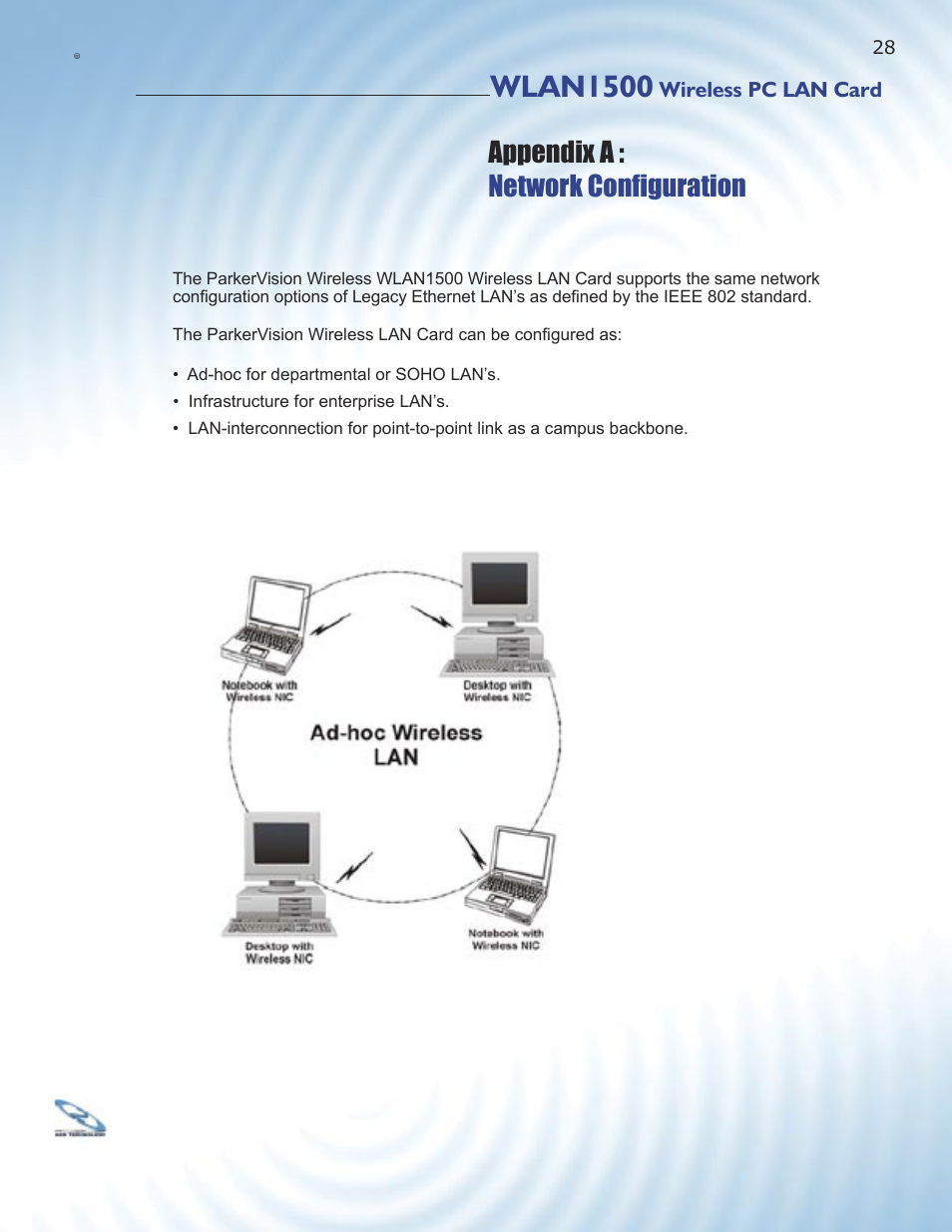 Wlan1500, Appendix a : network conﬁ guration | ParkerVision WLAN1500 User Manual | Page 26 / 34