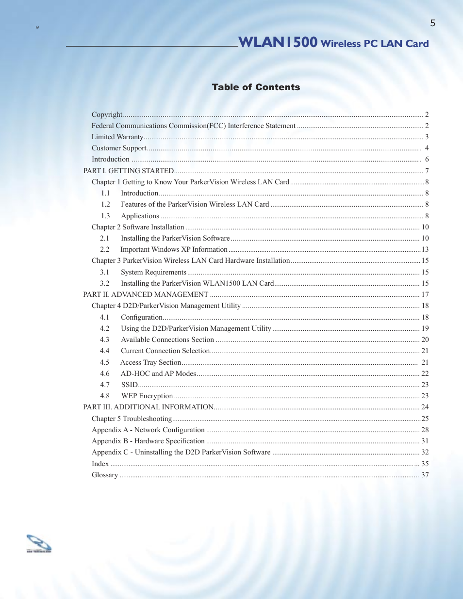 Wlan1500, Wireless pc lan card | ParkerVision WLAN1500 User Manual | Page 3 / 34