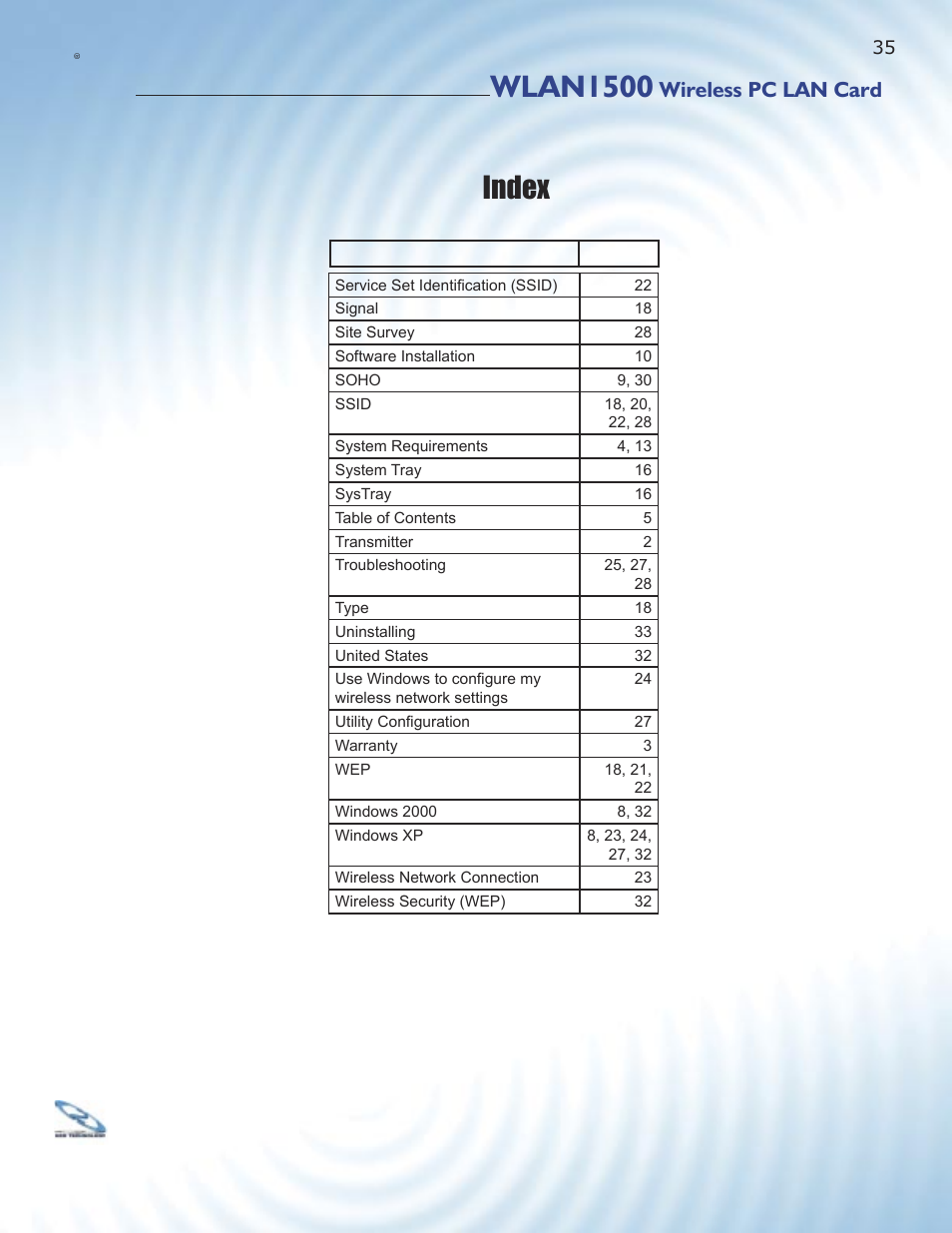 Wlan1500, Index, Wireless pc lan card | ParkerVision WLAN1500 User Manual | Page 33 / 34