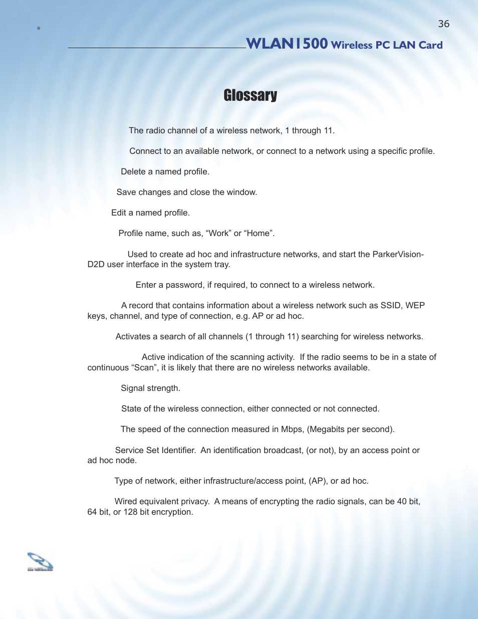 Wlan1500, Glossary | ParkerVision WLAN1500 User Manual | Page 34 / 34