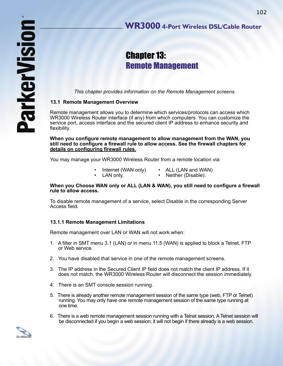 Wr3000, Chapter 13, Remote management | ParkerVision WR3000 User Manual | Page 100 / 179