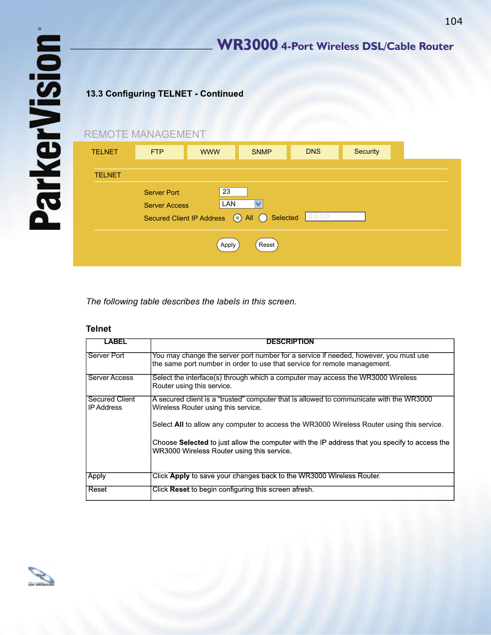 Wr3000, Port wireless dsl/cable router, Remote management | ParkerVision WR3000 User Manual | Page 102 / 179
