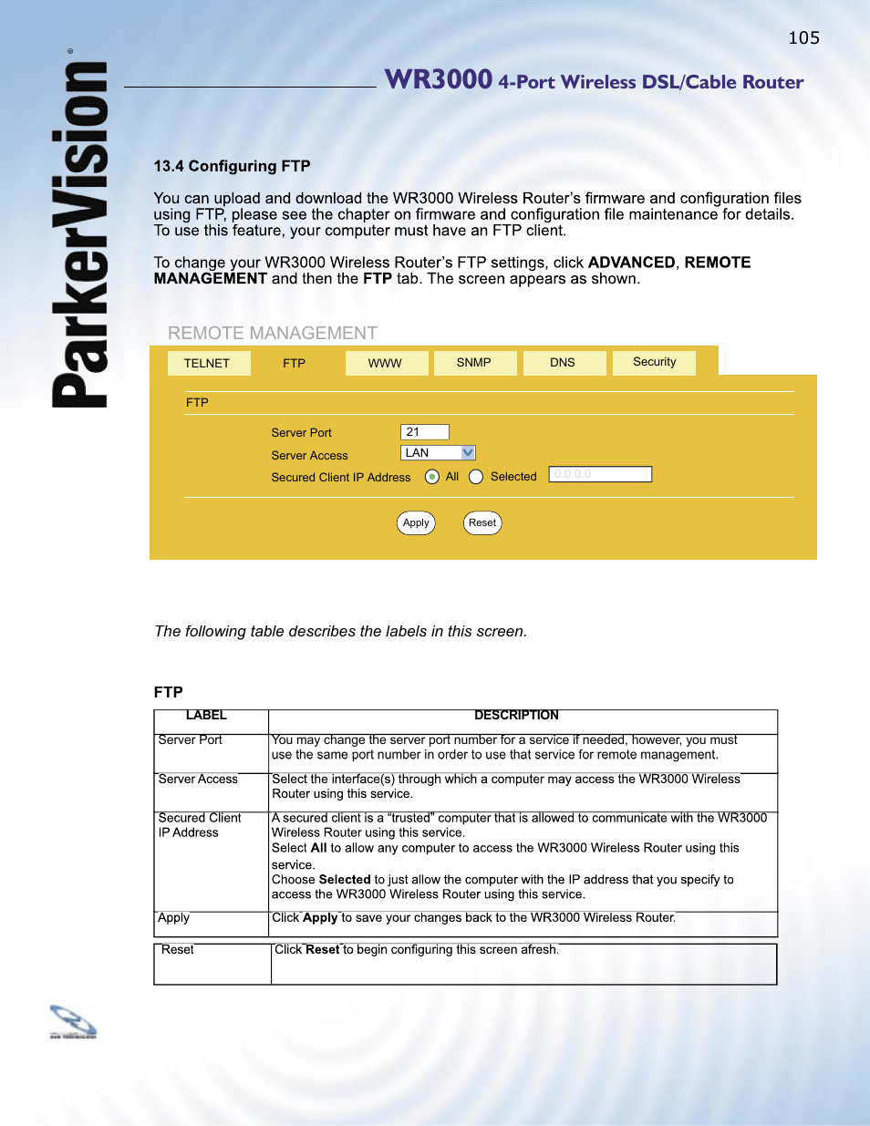 Wr3000, Port wireless dsl/cable router, Remote management | ParkerVision WR3000 User Manual | Page 103 / 179