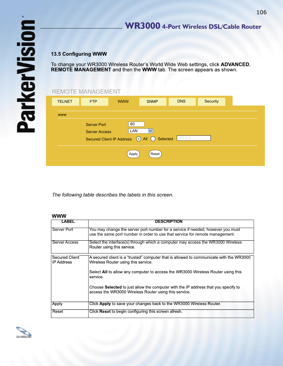 Wr3000, Port wireless dsl/cable router, Remote management | ParkerVision WR3000 User Manual | Page 104 / 179