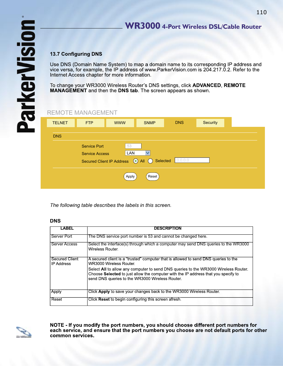 Wr3000, Port wireless dsl/cable router, Remote management | ParkerVision WR3000 User Manual | Page 108 / 179