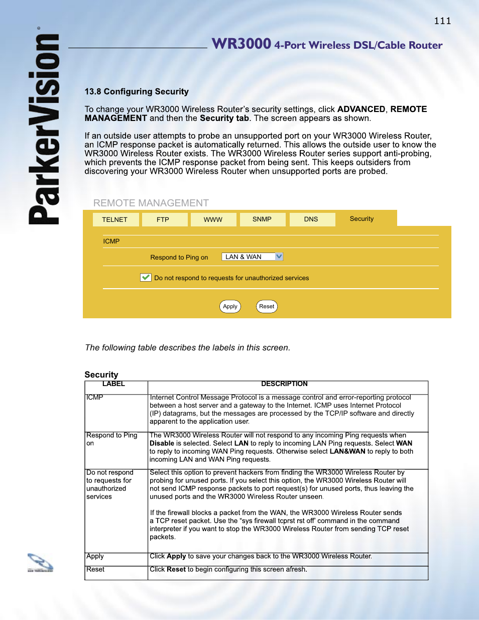 Wr3000, Port wireless dsl/cable router, Remote management | ParkerVision WR3000 User Manual | Page 109 / 179