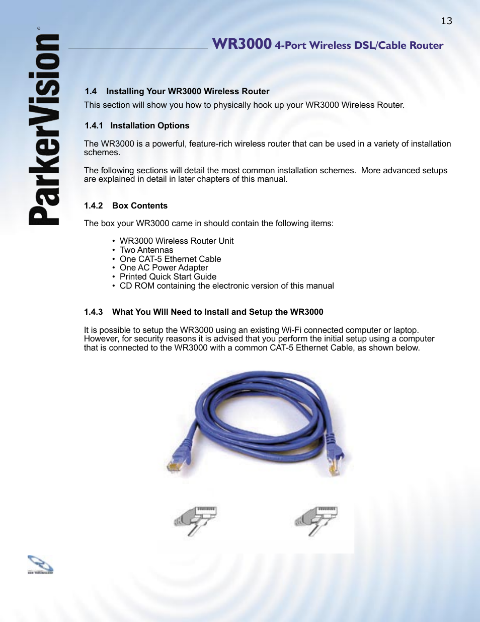 Wr3000, Port wireless dsl/cable router | ParkerVision WR3000 User Manual | Page 11 / 179