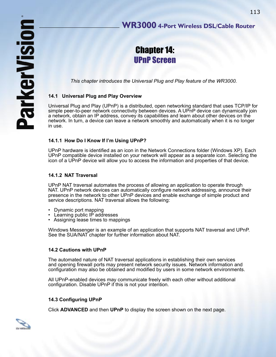 Wr3000, Chapter 14, Upnp screen | ParkerVision WR3000 User Manual | Page 111 / 179