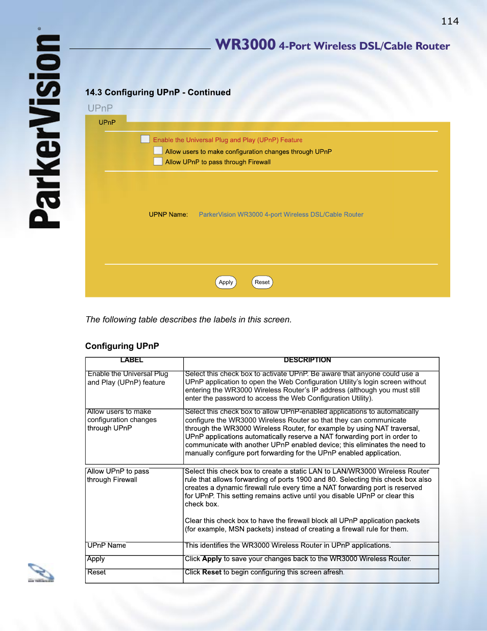 Wr3000, Port wireless dsl/cable router | ParkerVision WR3000 User Manual | Page 112 / 179