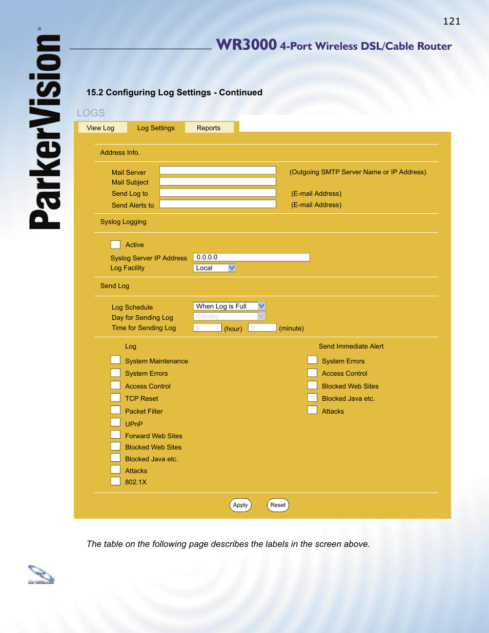 Wr3000, Port wireless dsl/cable router, Logs | ParkerVision WR3000 User Manual | Page 119 / 179