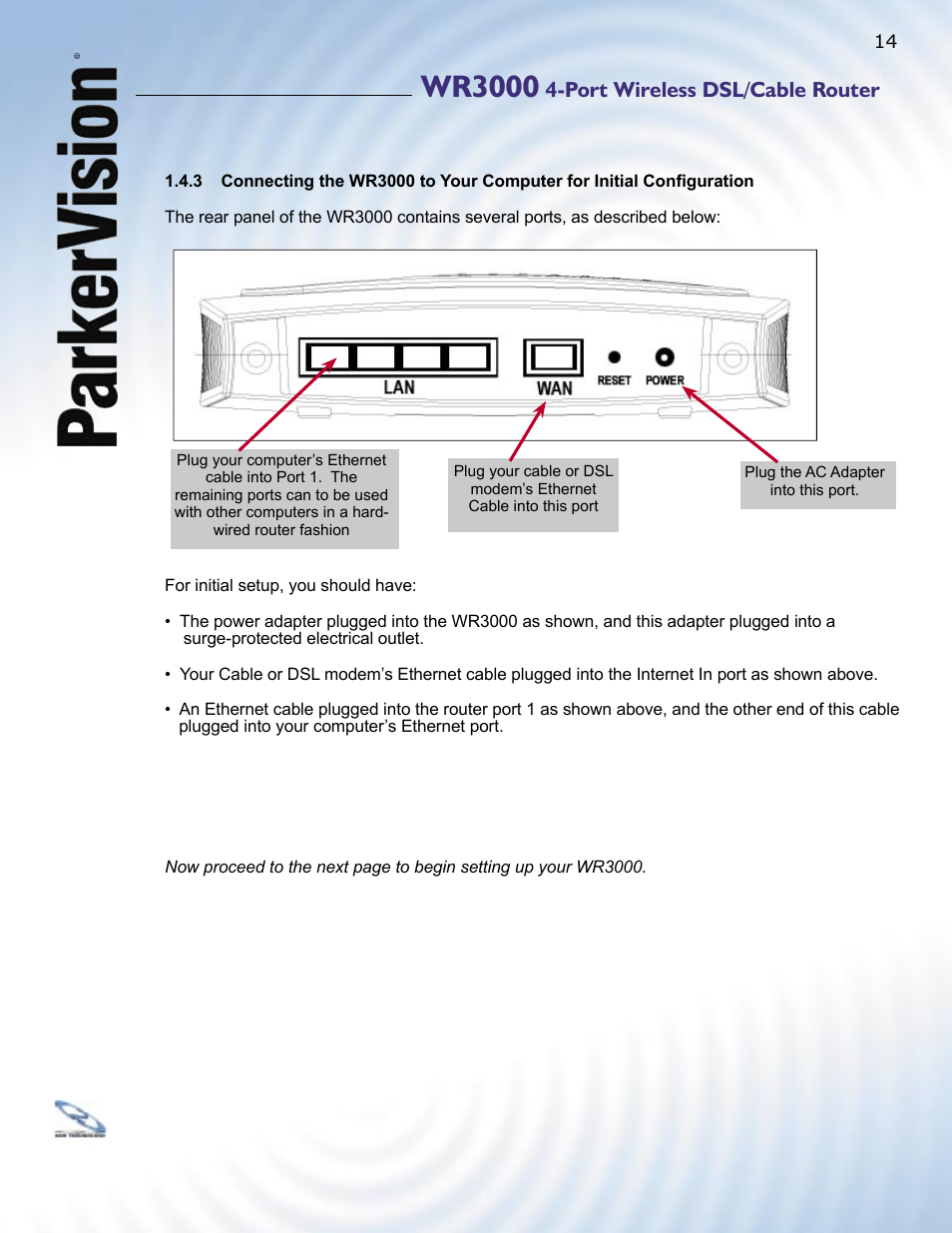 Wr3000, Port wireless dsl/cable router | ParkerVision WR3000 User Manual | Page 12 / 179