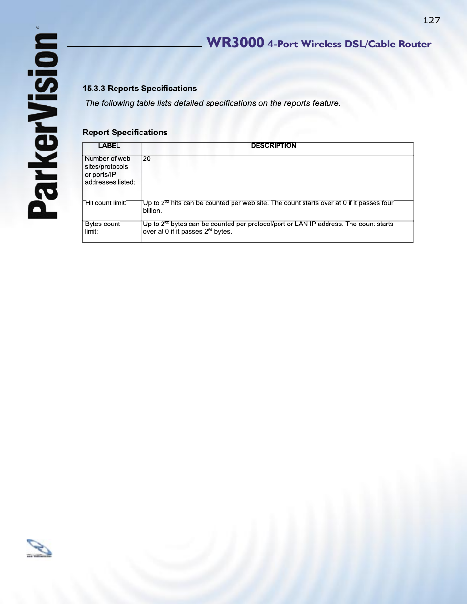 Wr3000, Port wireless dsl/cable router | ParkerVision WR3000 User Manual | Page 125 / 179