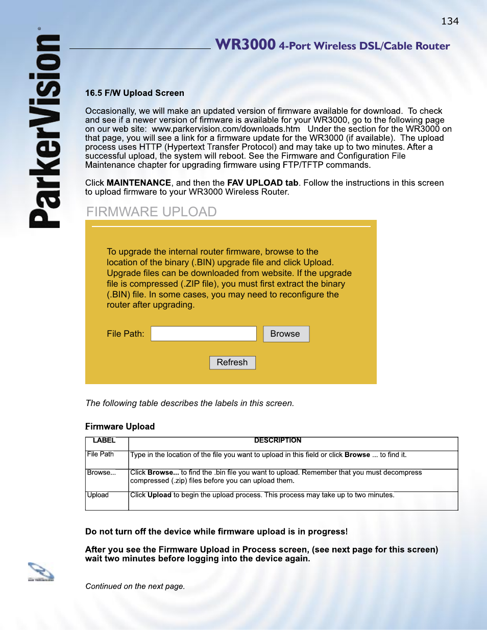 Wr3000, Firmware upload | ParkerVision WR3000 User Manual | Page 132 / 179