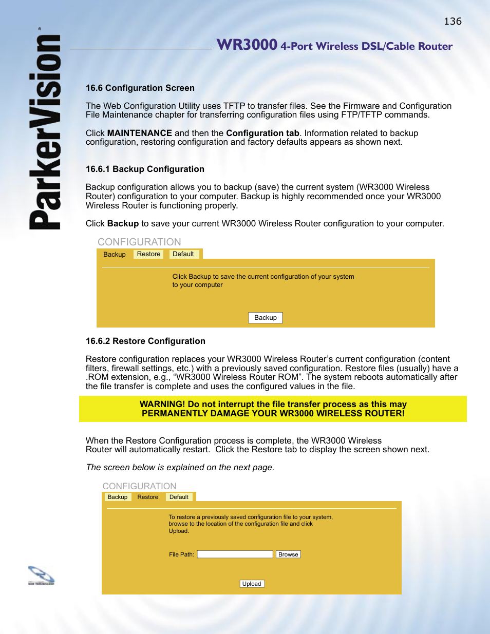 Wr3000, Port wireless dsl/cable router, Configuration | ParkerVision WR3000 User Manual | Page 134 / 179