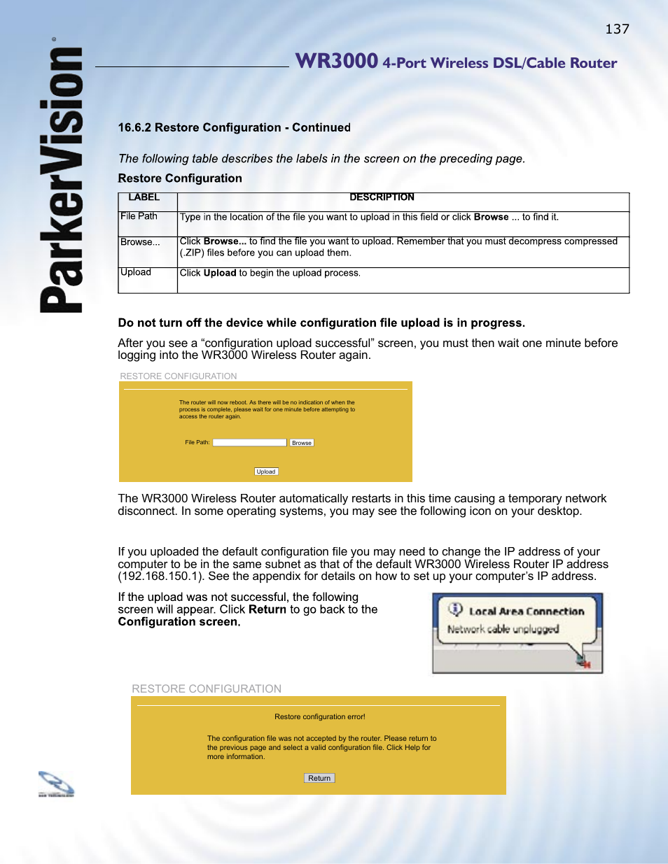 Wr3000, Port wireless dsl/cable router | ParkerVision WR3000 User Manual | Page 135 / 179