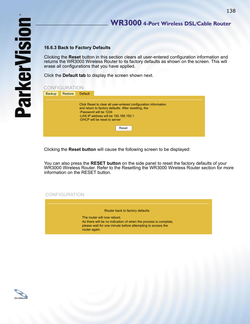 Wr3000, Port wireless dsl/cable router | ParkerVision WR3000 User Manual | Page 136 / 179