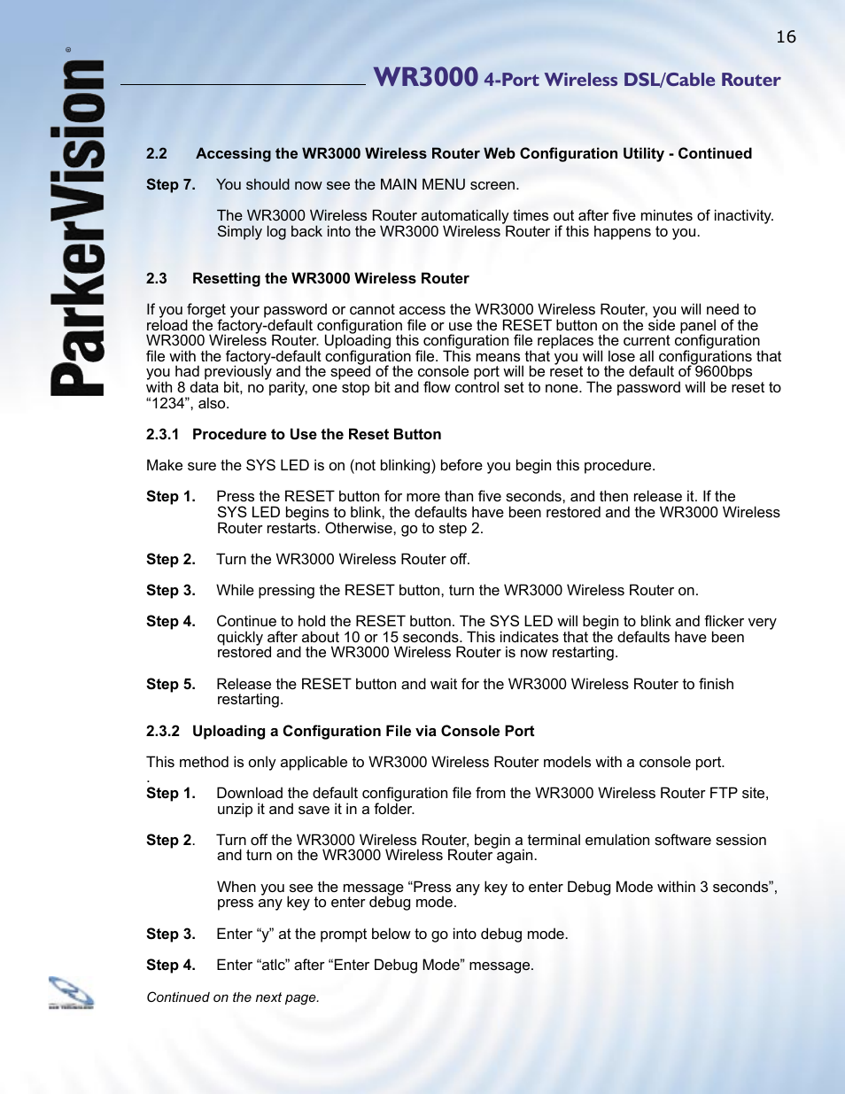 Wr3000, Port wireless dsl/cable router | ParkerVision WR3000 User Manual | Page 14 / 179