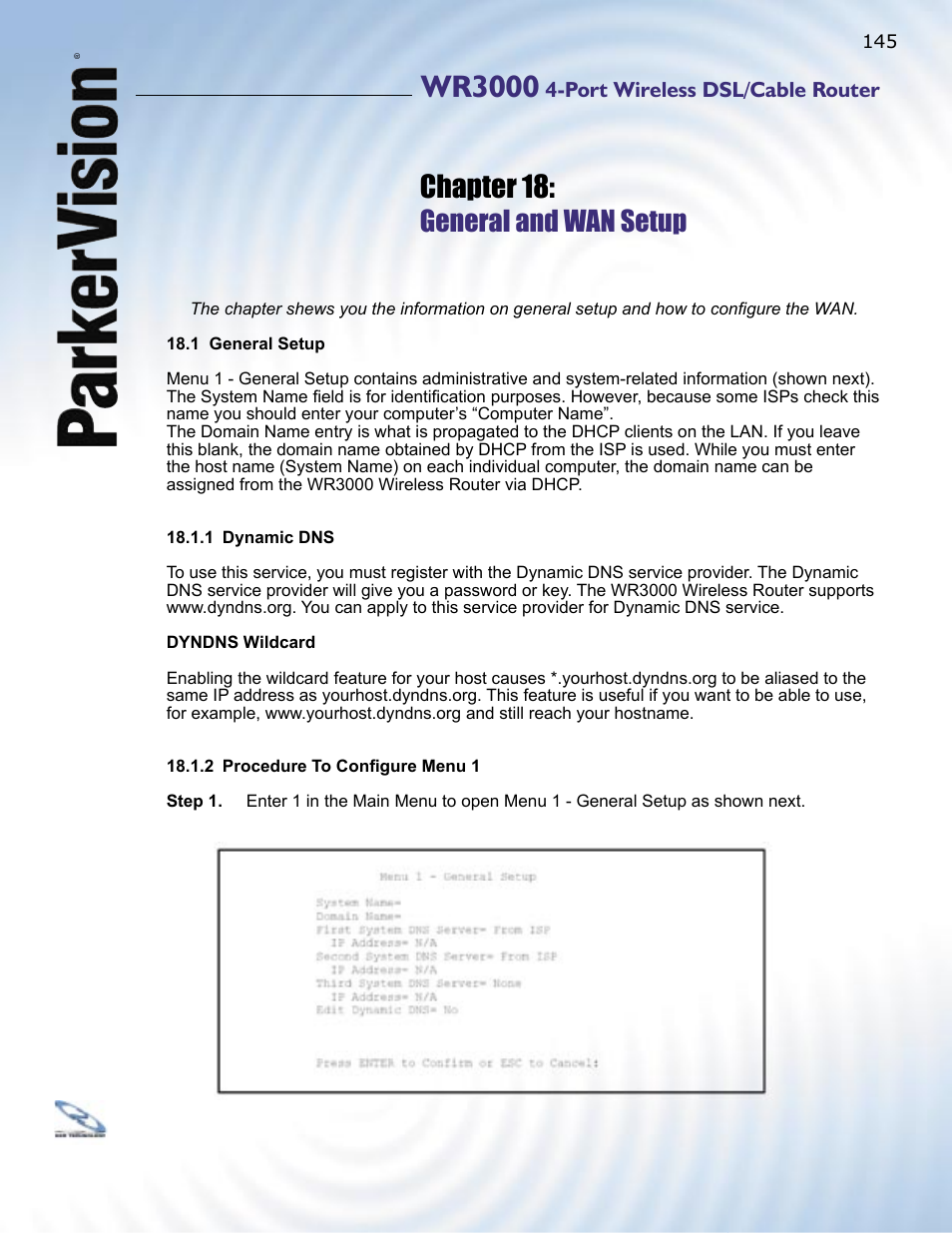 Wr3000, Chapter 18, General and wan setup | ParkerVision WR3000 User Manual | Page 143 / 179