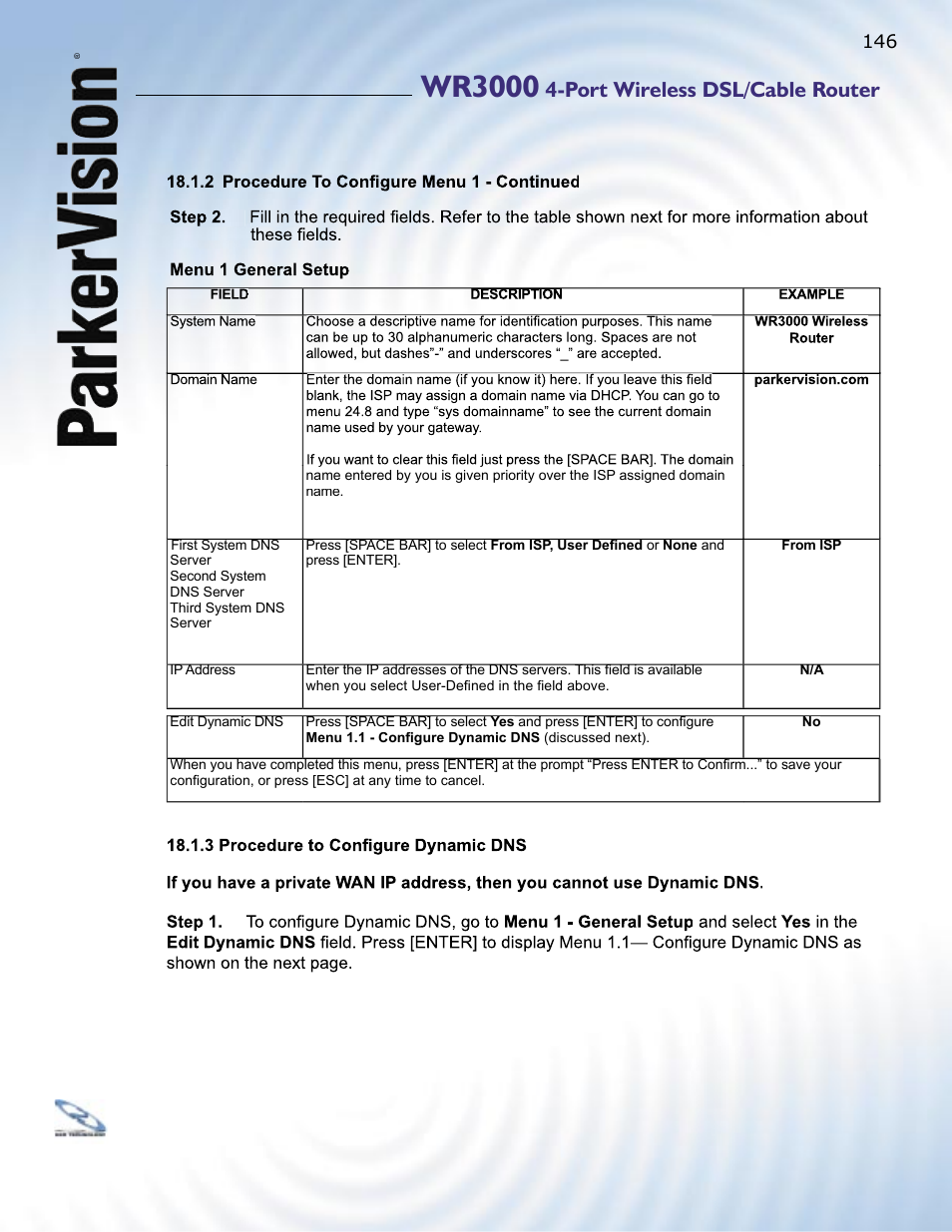 Wr3000, Port wireless dsl/cable router | ParkerVision WR3000 User Manual | Page 144 / 179