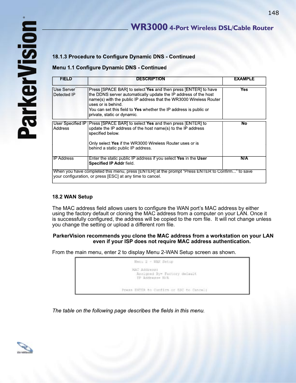 Wr3000, Port wireless dsl/cable router | ParkerVision WR3000 User Manual | Page 146 / 179