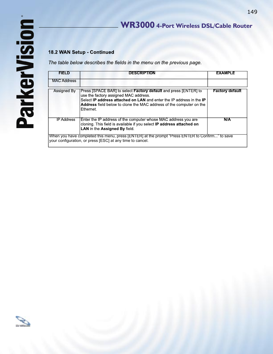 Wr3000, Port wireless dsl/cable router | ParkerVision WR3000 User Manual | Page 147 / 179