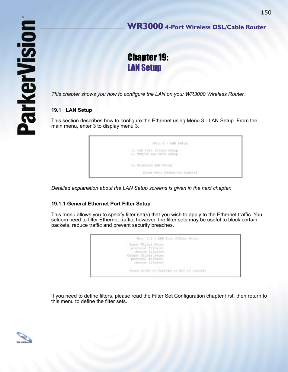 Wr3000, Chapter 19, Lan setup | ParkerVision WR3000 User Manual | Page 148 / 179