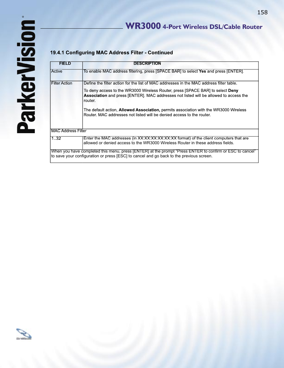 Wr3000, Port wireless dsl/cable router | ParkerVision WR3000 User Manual | Page 156 / 179