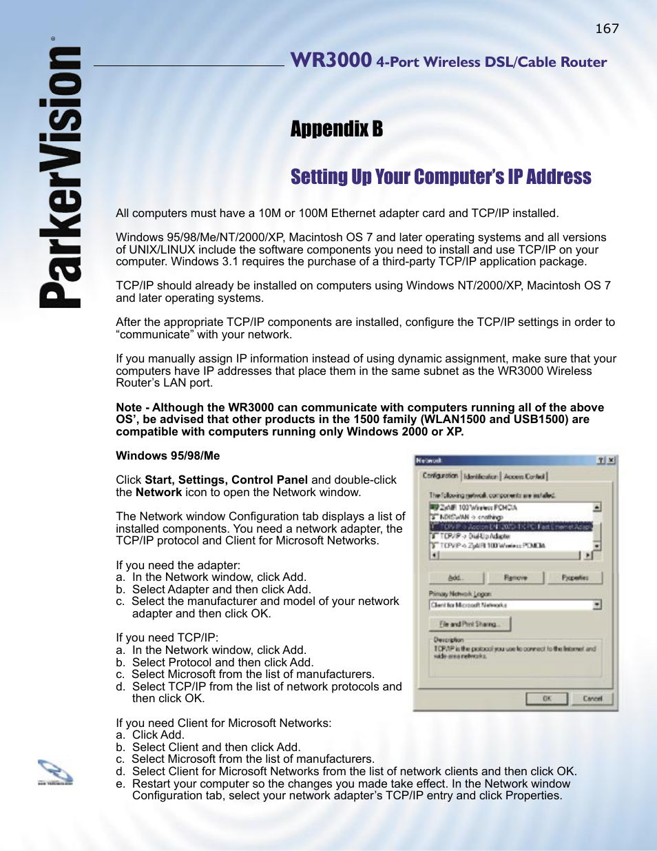 Wr3000, Appendix b, Setting up your computer’s ip address | ParkerVision WR3000 User Manual | Page 165 / 179