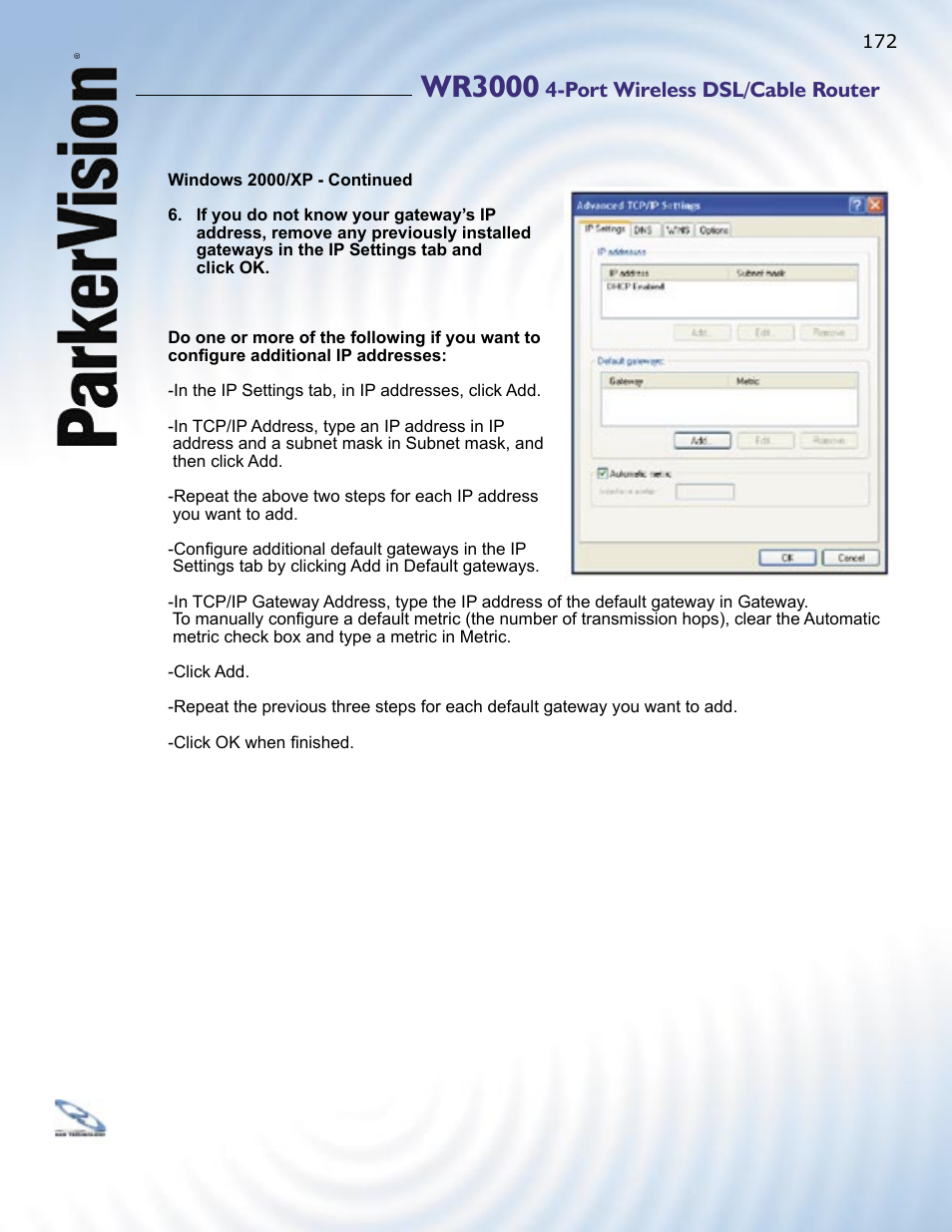 Wr3000, Port wireless dsl/cable router | ParkerVision WR3000 User Manual | Page 170 / 179
